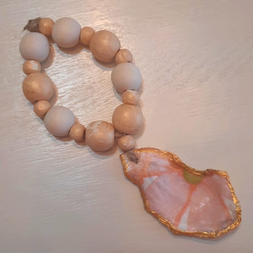 Floral Pink &  Gold Decoupage Oyster Shell Beaded Accents #964